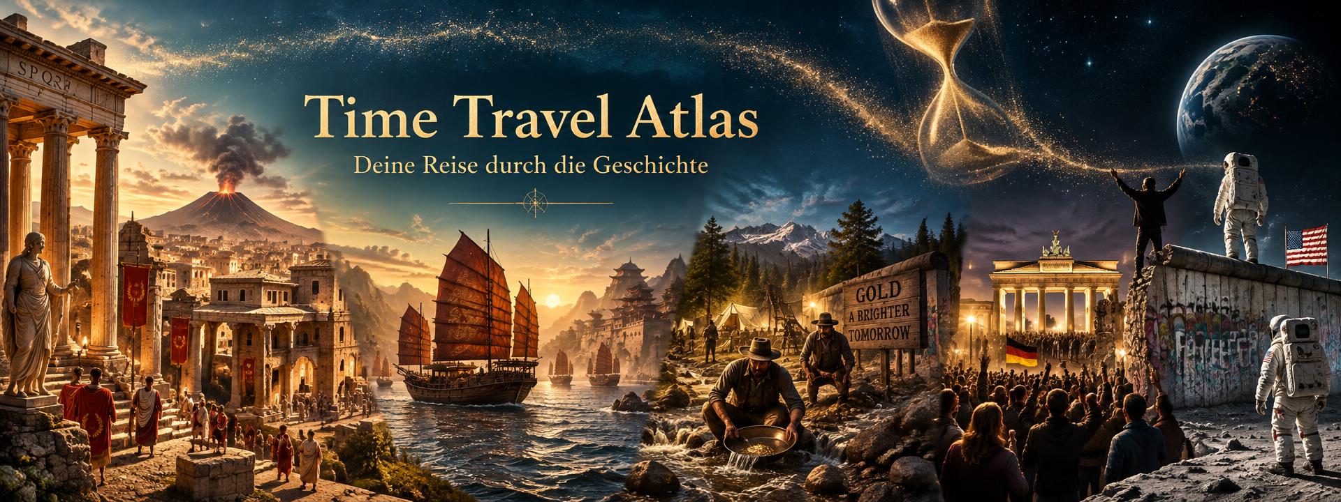 Time Travel Atlas – Deine Reise durch die Geschichte: künstlerische KI-Collage von Pompeji bis zur Mondlandung