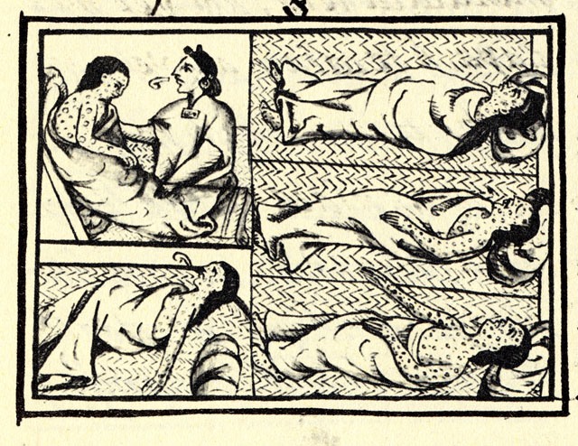 Pockenkranke Nahua; Bilddetail aus Buch XII, Folio 54 des Florentinischen Codex.