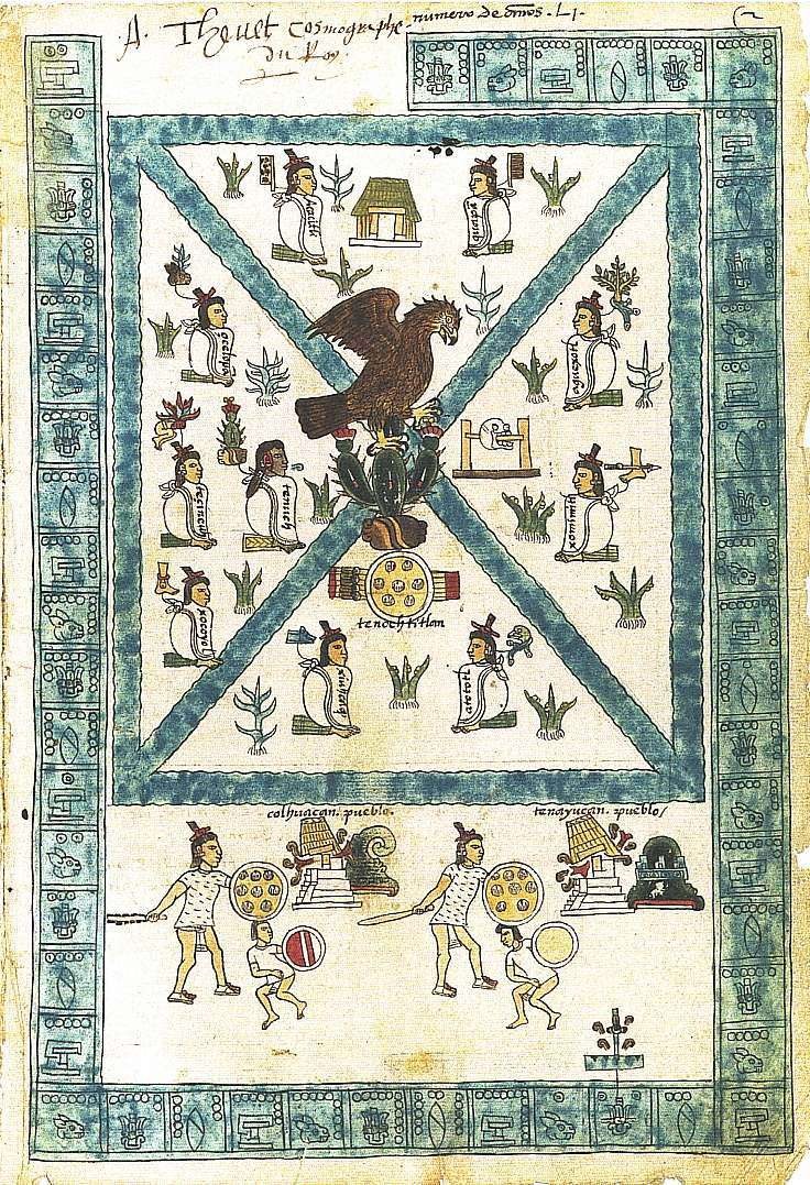 Gründungserinnerung mit Adler und Kaktus; Folio 2r des Codex Mendoza.