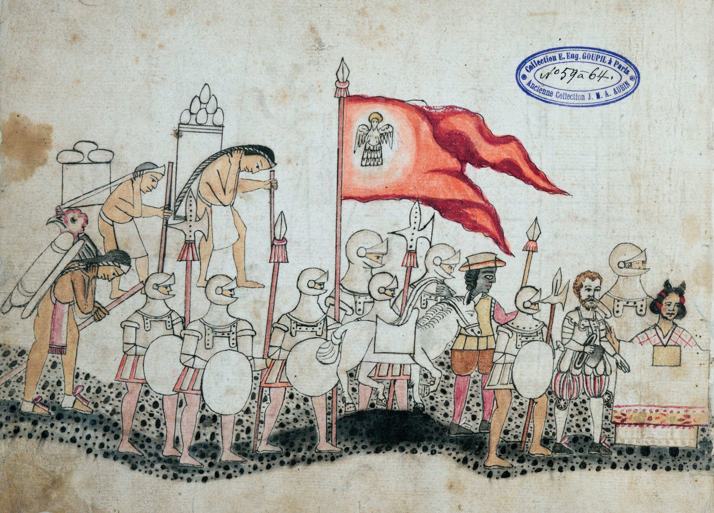 Seite des Codex Azcatitlan mit spanischen Ankömmlingen und Malintzin.