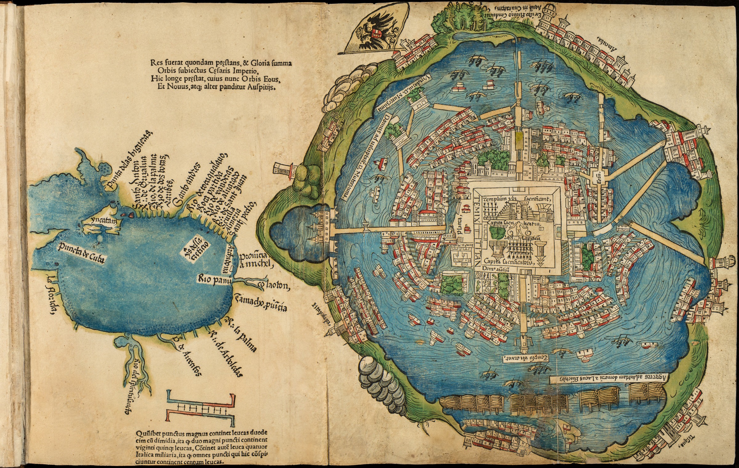 1524 gedruckte Karte von Tenochtitlan und dem Golf von Mexiko aus Cortés’ Briefpublikation.